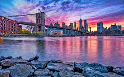 Brooklyn Bridge, New York, evening, sunset, Manhattan, skyscrapers, 1 World Trade Center, New York cityscape, New York skyline, USA