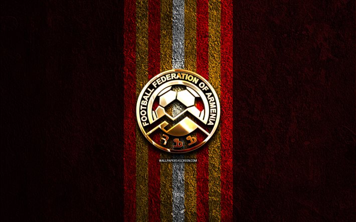サッカー アルメニア代表チームのゴールデン ロゴ, 4k, 赤い石の背景, uefa, 代表チーム, サッカー アルメニア代表チームのロゴ, サッカー, アルメニアのサッカー チーム, フットボール, サッカー アルメニア代表