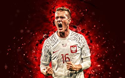 Karol Swiderski, 4k, 2022, red neon lights, Poland National Football Team, soccer, footballers, red abstract background, Polish football team, Karol Swiderski 4K