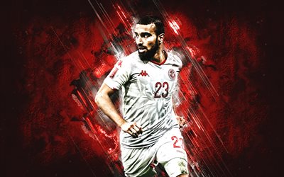 naim slit, tunesische fußballnationalmannschaft, porträt, tunesischer fußballspieler, mittelfeldspieler, roter steinhintergrund, tunesien