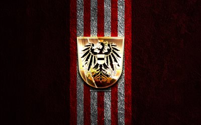 goldenes logo der österreichischen fußballnationalmannschaft, 4k, roter steinhintergrund, uefa, nationalmannschaften, logo der österreichischen fußballnationalmannschaft, fußball, österreichische fußballmannschaft, österreichische fußballnationalmannschaft