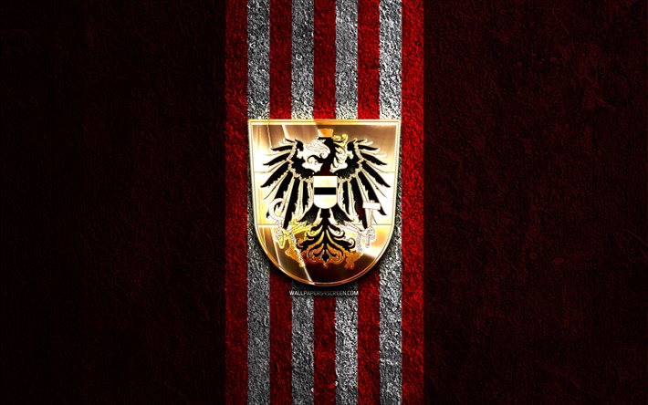 itävallan jalkapallomaajoukkueen kultainen logo, 4k, punainen kivi tausta, uefa, maajoukkueet, itävallan jalkapallomaajoukkueen logo, jalkapallo, itävallan jalkapallomaajoukkue