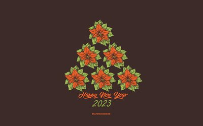 4k, Happy New Year 2023, background with creative christmas tree, 2023 concepts, 2023 Happy New Year, creative christmas tree sketch, 2023 minimal art, creative christmas tree, brown background, 2023 greeting card, 2023 creative christmas tree background