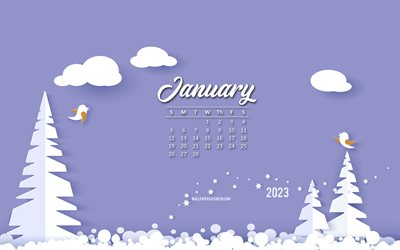 calendario gennaio 2023, 4k, sfondo della foresta invernale, sfondo viola, sfondo di carta invernale, origami inverno, gennaio, calendario invernale 2023, 2023 concetti