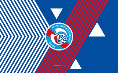 rc strasbourg alsace logo, 4k, فريق كرة القدم الفرنسي, خطوط بيضاء زرقاء الخلفية, أرسي ستراسبورغ الألزاس, الدوري الفرنسي 1, فرنسا, فن الخط, rc strasbourg alsace emblem, كرة القدم, ستراسبورغ