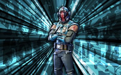 4k, el visitante fortnite, fondo de rayos azules, la piel de visitante, arte abstracto, skin fortnite el visitante, personajes de fortnite, el visitante, fortnite, arte creativo