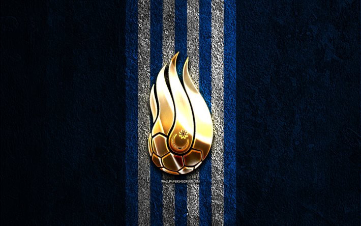 azerbaycan millî futbol takımı altın logosu, 4k, mavi taş arka plan, uefa, milli takımlar, azerbaycan milli futbol takımı logosu, futbol, azerbaycan futbol takımı, azerbaycan milli futbol takımı