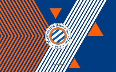 montpellier hsc  logo, 4k, ranskan jalkapallojoukkue, siniset oranssit viivat taustalla, montpellier hsc, ligue 1, ranska, viivapiirros, montpellier hsc  tunnus, jalkapallo, montpellier fc