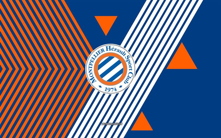 モンペリエhscのロゴ, 4k, フランスのサッカー チーム, 青オレンジ色の線の背景, モンペリエhsc, リーグ・アン, フランス, 線画, モンペリエhscエンブレム, フットボール, モンペリエ fc