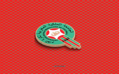 4k, isometrisches logo der marokkanischen fußballnationalmannschaft, 3d kunst, isometrische kunst, fußballnationalmannschaft marokkos, roter hintergrund, marokko, fußball, isometrisches emblem