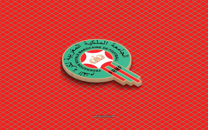 4k, isometrisches logo der marokkanischen fußballnationalmannschaft, 3d kunst, isometrische kunst, fußballnationalmannschaft marokkos, roter hintergrund, marokko, fußball, isometrisches emblem