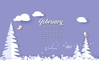calendario febbraio 2023, 4k, sfondo della foresta invernale, sfondo viola, sfondo di carta invernale, origami inverno, febbraio, calendario invernale 2023, 2023 concetti