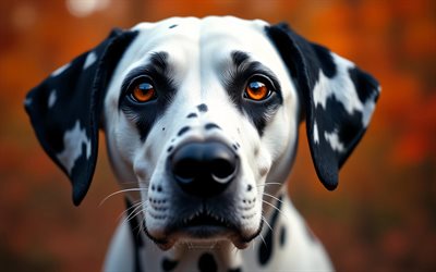 dalmata, 4k, autunno, bokeh, foresta, cani, museruola, simpatici animali, animali domestici, cane nella foresta, cane dalmata