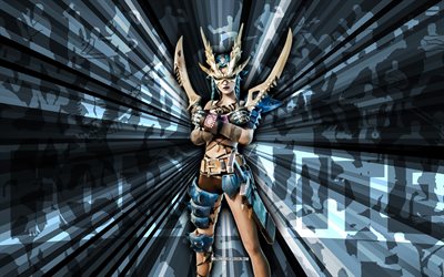 4k, ギア, 青い光線の背景, ジアスキン, ジア フォートナイト, 抽象芸術, フォートナイト ジア スキン, フォートナイトのキャラクター, フォートナイト, クリエイティブアート