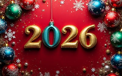 2026 frohes neues jahr, 4k, roter weihnachtshintergrund, bunte weihnachtskugeln, konzepte für 2026, frohes neues jahr 2026, weihnachtsvorlage, 2026 neujahr