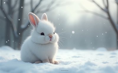 joli lapin blanc moelleux, 4k, paysage d'hiver, neige, lapin blanc, animaux mignons, hiver, lapin moelleux