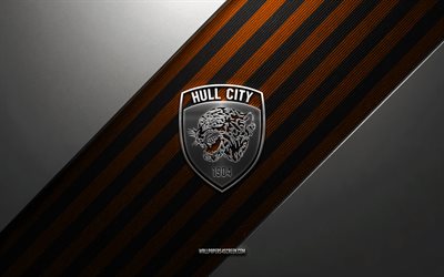 hull city afc logo, 4k, stahlhintergrund, englischer fußballverein, schwarze orangefarbene linien, hull city afc emblem, meisterschaft, fußball, hull city afc, england, hull city afc metalllogo, hull city afc wappen