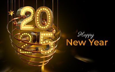 2025 Happy New Year, 4k, 2025 inscription, golden 3D digits, 2025 brown background, 2025 concepts, golden x-mas balls, 2025 golden digits, xmas decorations, Happy New Year 2025, creative, 2025 year