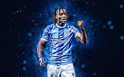 Joris Kayembe, 4k, blue neon lights, Genk FC, Jupiler Pro League, Congolese footballers, Joris Kayembe 4K, football, soccer, KRC Genk, Joris Kayembe-Ditu, Belgian First Division A, Joris Kayembe Genk