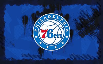 philadelphia 76ers grunge logosu, 4k, nba, mavi grunge arka plan, basketbol, philadelphia 76ers amblemi, philadelphia 76ers logosu, amerikan basketbol takımı, philadelphia 76ers