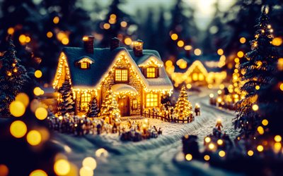 julkväll, vinter, kransar på huset, god jul, snö, fanträd, vinterlandskap, gott nytt år