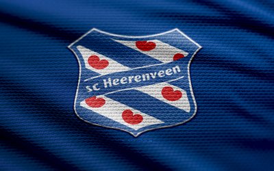 sc heerenveen logo de faza, 4k, fondo de tela azul, eredivisie, bokeh, fútbol, sc heerenveen logoto, fútbol americano, sc heerenveen emblema, heerenveen fc, club de fútbol holandés, sc heerenveen