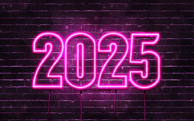 4k, Happy New Year 2025, purple brickwall, 2025 inscription, 2025 concepts, 2025 purple neon digits, 2025 Happy New Year, neon art, creative, 2025 purple background, 2025 year, 2025 purple digits