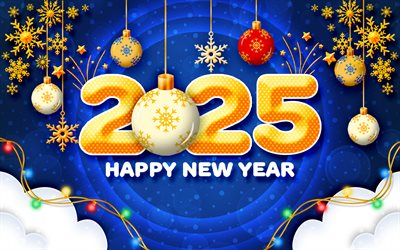 4k, 2025 bonne année, chiffres 3d abstraits, 2025 fond bleu, 2025 inscription, 2025 concepts, boules de noël dorées, 2025 chiffres dorés, décorations de noël, bonne année 2025, créatif, 2025 ans, joyeux noël