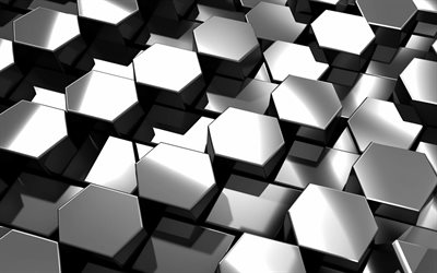3d metal altıgenler, 4k, geometri, geometrik şekiller, 3d dokular, altıgen doku, 3d altıgenler, altıgenlerle arka plan