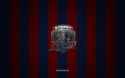 logotipo de sydney roosters, equipe de rugby australiano, liga nacional de rugby, fundo de carbono vermelho azul, sydney roosters emblema, rugby, galos de sydney, austrália, logotipo de metal de sydney roosters