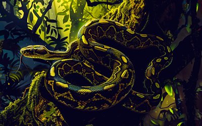 serpent, cobra, reptiles, serpent sur arbre, fond avec serpent, animaux dangereux, serpents, 2025 symbole de l'année