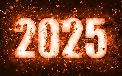 4k, Happy New Year 2025, orange neon lights, 2025 inscription, 2025 concepts, 2025 Happy New Year, neon art, creative, 2025 orange background, 2025 year, 2025 orange digits