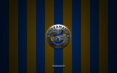 parramatta eels logo, australisches rugby  team, nationale rugby  liga, blau gelber kohlenstoffhintergrund, parramatta eels emblem, rugby, м, australien, parramatta eels metal logo