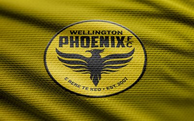 logo tessuto wellington phoenix, 4k, sfondo in tessuto giallo, a league, bokeh, calcio, logo wellington phoenix, emblema di wellington phoenix, wellington phoenix fc, club di calcio australiano, wellington phoenix