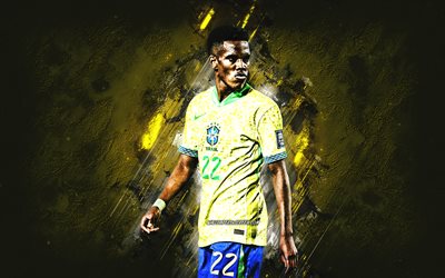 estevao, equipe de futebol nacional brasileiro, jogador de futebol brasileiro, fundo de pedra amarela, arte grunge, estevao willian almeida de oliveira goncalves