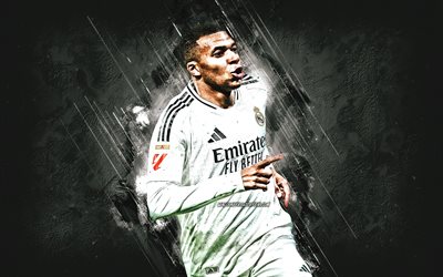 Kylian Mbappe, Real Madrid, French football player, white stone background, La Liga, Spain, football