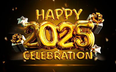 4k, 2025 Happy New Year, golden realistic balloons, 2025 inscription, creative, 2025 concepts, 2025 balloons digits, 2025 3D digits, 3D gift boxes, Happy New Year 2025, 2025 golden background, 2025 year