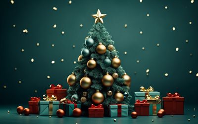 3d julgran, 3d  gåvor, god jul, gott nytt år, julgranbakgrund, golden christmas balls