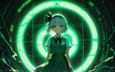 4k, youmu konpaku, anillos de neón verdes, oscuridad, proyecto touhou, fondo abstracto verde, manga, personajes touhou, touhou, konpaku youmu, personajes de anime, youmu konpaku touhou