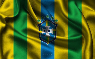 4k, logotipo de la selección nacional de fútbol de brasil, tela de seda verde amarillo, emblema de la selección de fútbol de brasil, selección de fútbol de brasil, brasil, fútbol americano, signo del equipo nacional de fútbol de brasil