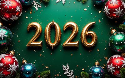 2026 frohes neues jahr, grüner hintergrund, 2026 goldene 3d zahlen, goldene grußkarte 2026, frohes neues jahr 2026, kunst, konzepte für 2026, 2026 neujahr, mehrfarbige weihnachtskugeln
