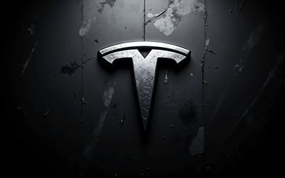 logotipo de acero tesla, arte grunge, fondo negro, logotipo de tesla, logotipo de tesla 3d, logotipo metálico de tesla, emblema de tesla, tesla