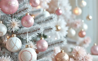 rosa und weiße weihnachtskugeln, frohe weihnachten, frohes neues jahr, weihnachtsbaum mit rosa kugeln, rosa weihnachtskugeln, weihnachtskonzepte