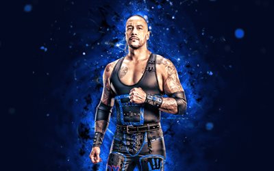 damiano prete, 4k, luci al neon blu, wwe, creativo, lottatore americano, luis martinez, damiano sacerdote con cinture, sfondo astratto blu, spettacolo di wrestling mondiale, lottatori, damiano prete 4k