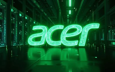 4k, grünes neon logo von acer, bokeh, dunkelheit, elektronikmarken, racks für rechenzentren, leuchtendes acer logo, acer logo, markenlogo, acer neon logo, acer, marken, grünes acer logo