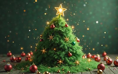 weihnachtsbaum aus zweigen, grüner hintergrund, kreativer weihnachtsbaum, frohe weihnachten, frohes neues jahr, weihnachtskonzepte, 3d grüner weihnachtsbaum