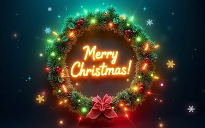weihnachts neonkranz, 4k, frohe weihnachten, weihnachtskranz, weihnachtskonzepte, weihnachtsdekorationen, frohe weihnachten grußkarte, dunkler hintergrund, neonbeleuchtung