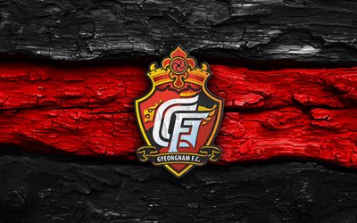 Gyeongnam FC wooden logo, 4k, black red wooden background, K League 2, soccer, Gyeongnam FC logo, football, Gyeongnam FC emblem, Gyeongnam FC, south korean football club, FC Gyeongnam