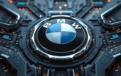 BMW 3D logo, 4k, bokeh, metal hi-tech backgrounds, cars brands, BMW metal logo, brands, artwork, BMW logo, BMW