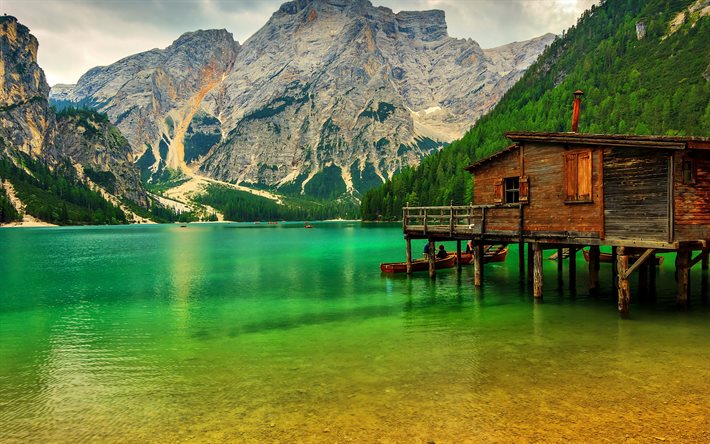 summer, mountains, pier, Lake Sudtirol, Italy